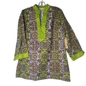 Ecologie Womens L Paisley 100% Linen Tunic Boho Summer Beach Festival Hippie Y2K